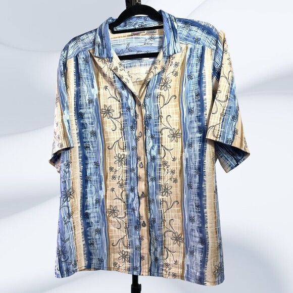 TanJay Tops - Tan Jay Womens Tan Blue Floral Short Sleeve Button Up V-Neck Top Size 20W